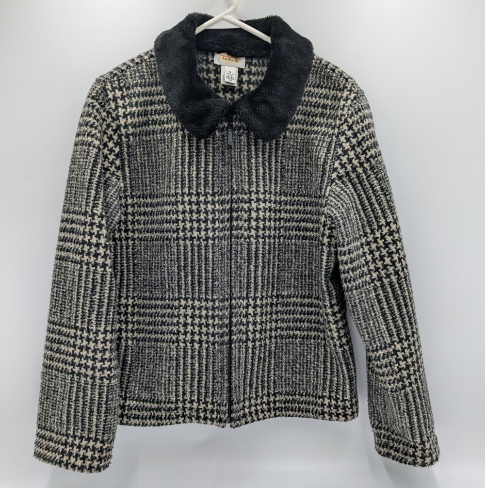Vintage Talbots Houndstooth Jacket Zip Medium Faux Fur Collar Preppy gray winter